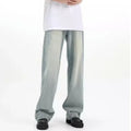 Blue retro-style loose trousers made from rabbit fur, showing a casual fit.