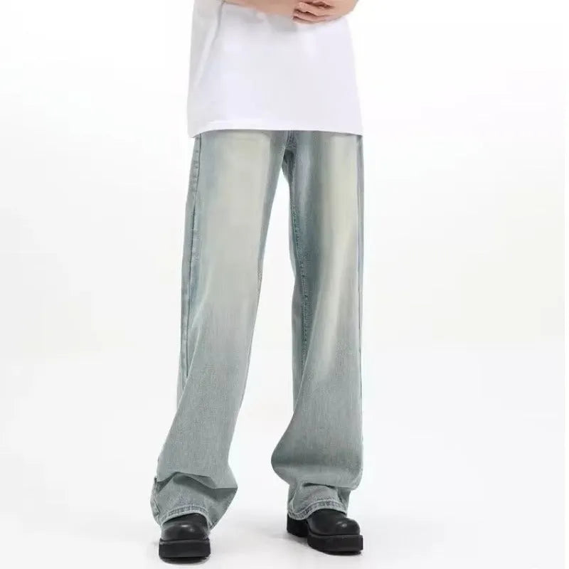 Blue retro-style loose trousers made from rabbit fur, showing a casual fit.