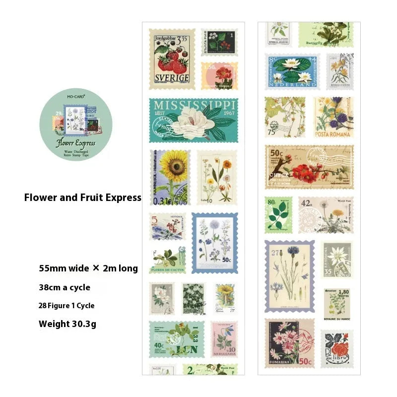 Roll of 55mm wide retro-themed coated paper stamp stickers showing butterfly, forest, bird, and mushroom designs.