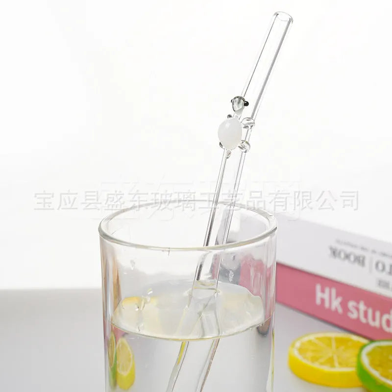 Set of four high borosilicate glass turtle elbow straws in pink green purple and yellow for children