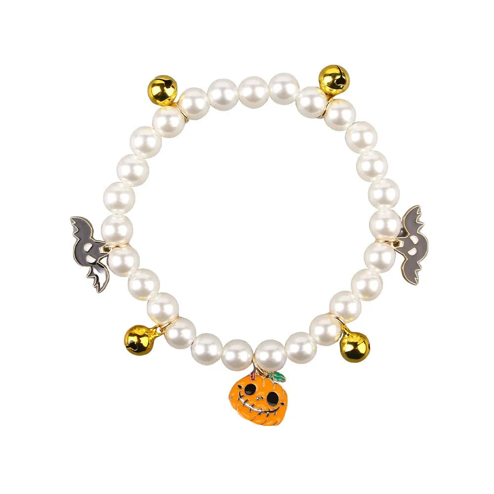 Halloween cat collar with simulated pearl beads in purple ghost pumpkin design