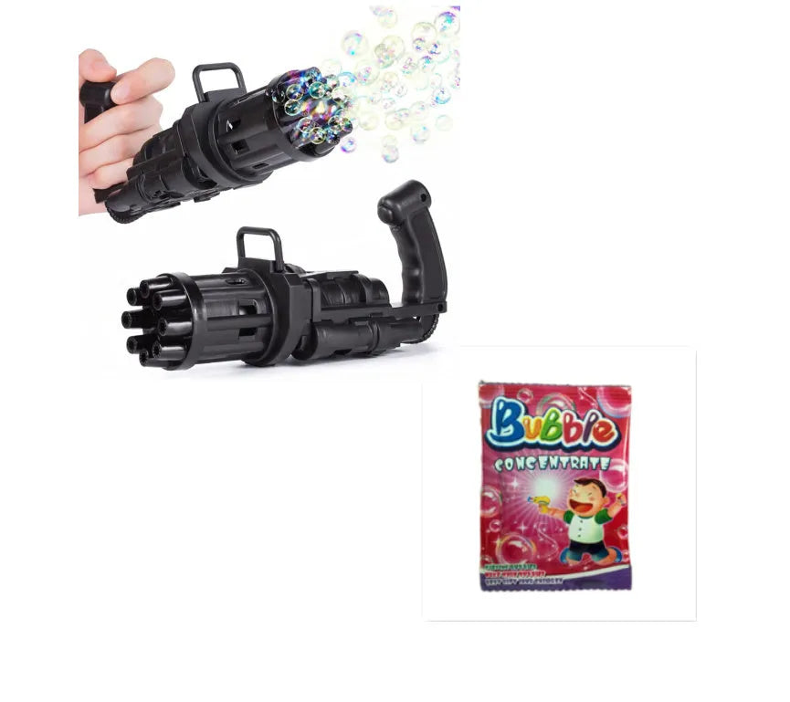Kids bubble machine gun toy in pink, gold, or black colours with battery compartment and bubble solution