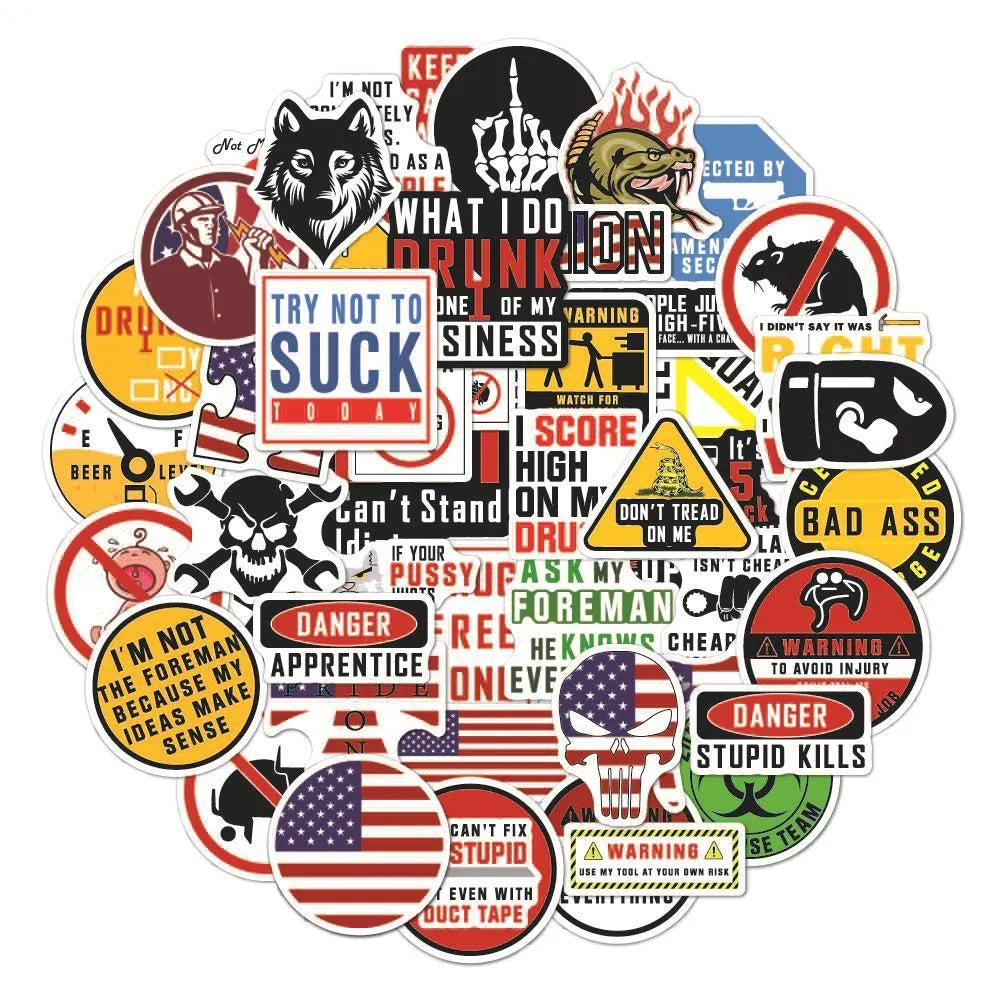 50 waterproof PVC warning stickers for motorcycle helmets with bright film coating