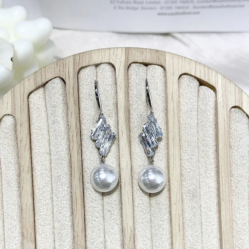 French style micro inlaid sparkling diamond pearl hook earrings in gold colour