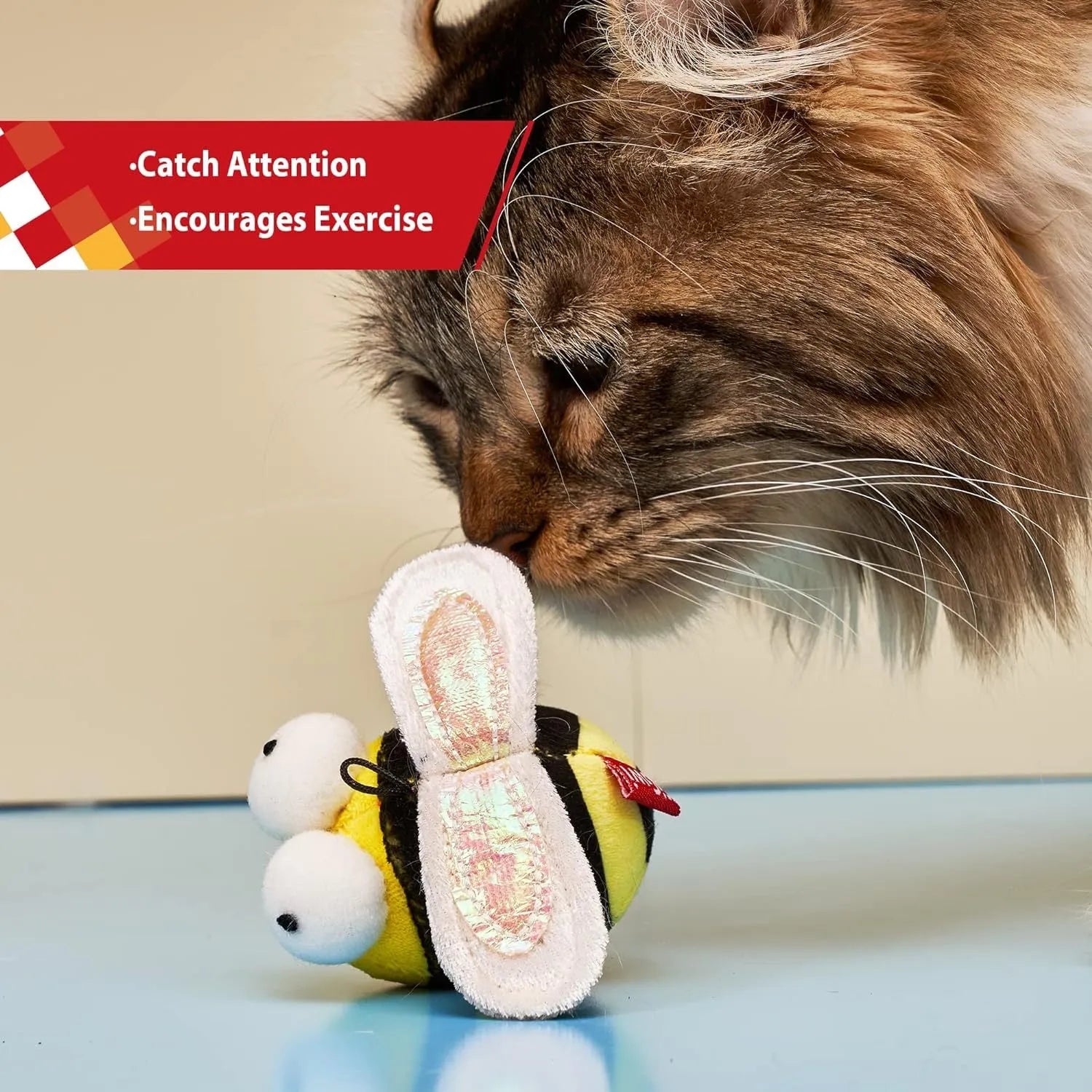 Yellow bee-shaped electronic cat toy with motion-activated squeaking for indoor feline play