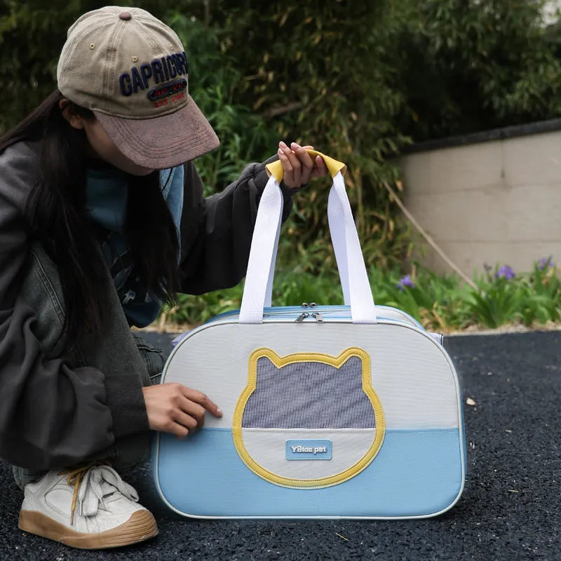 Outdoor foldable cat school backpack in oxford cloth, shown in a blue colour variant.
