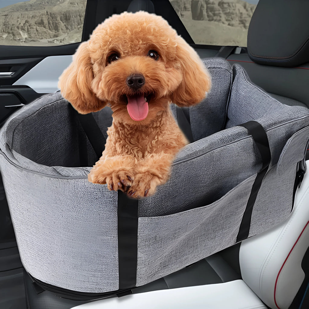 Outdoor pet dog kennel with a cloth cover shown in a car boot, available in blue, grey, red, and grey mesh colours.