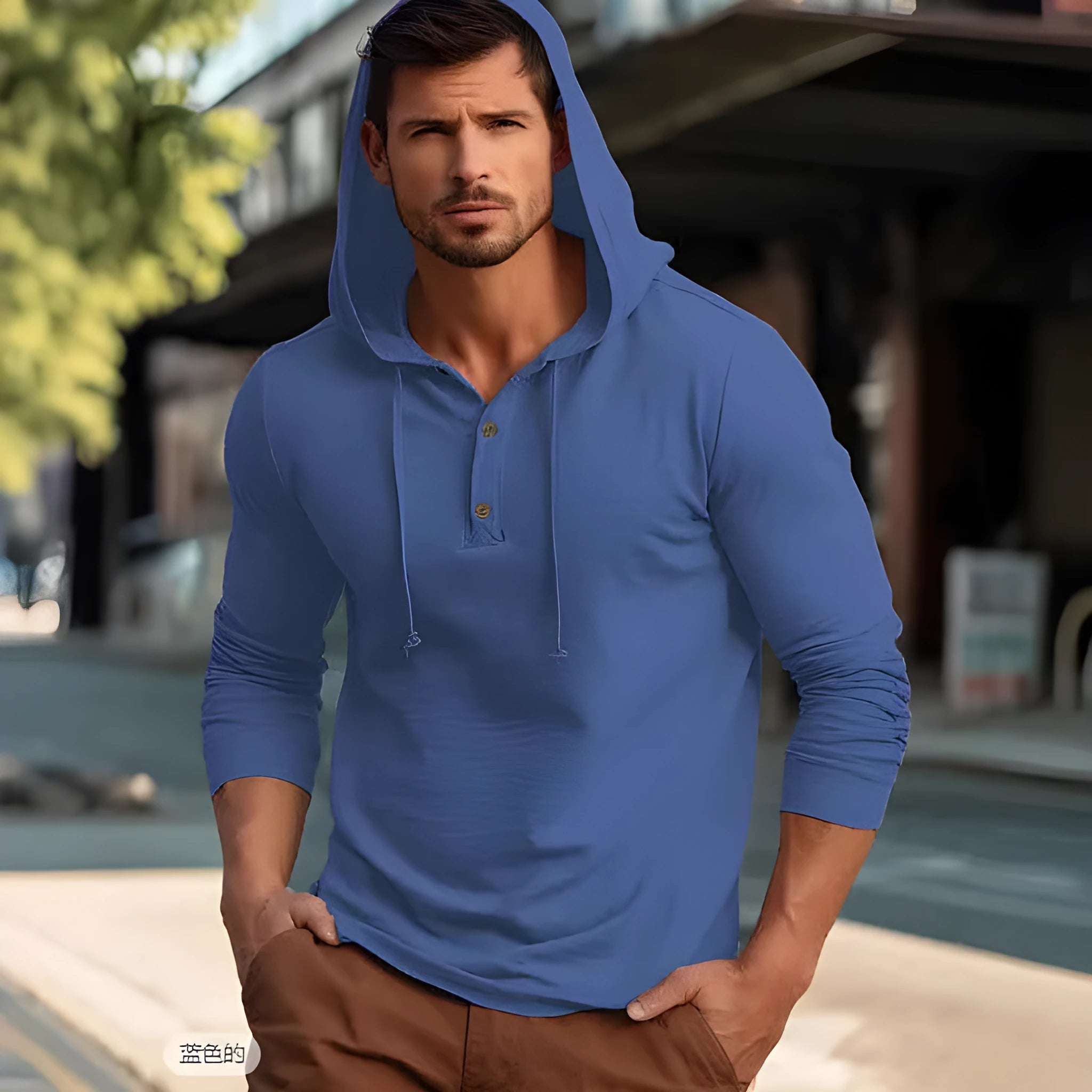 Men's dark blue cotton pullover hoodie with long sleeves laid flat.