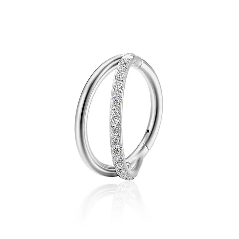 Titanium alloy nose ring piercing stud shown in silver and gold, available in multiple sizes with optional diamond accent.