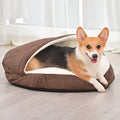 Brown cloth dog kennel with removable cushion for a medium-sized dog