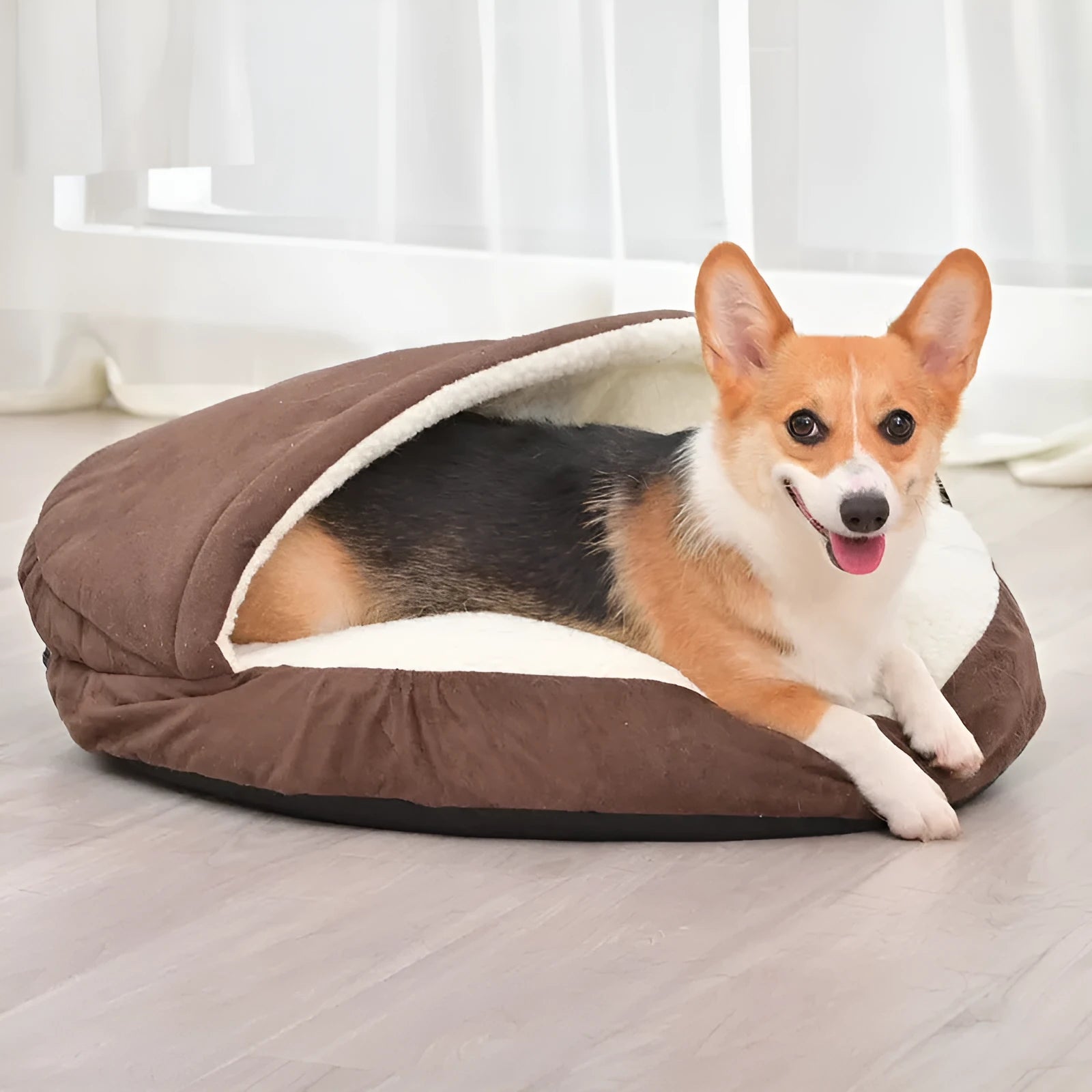 Brown cloth dog kennel with removable cushion for a medium-sized dog