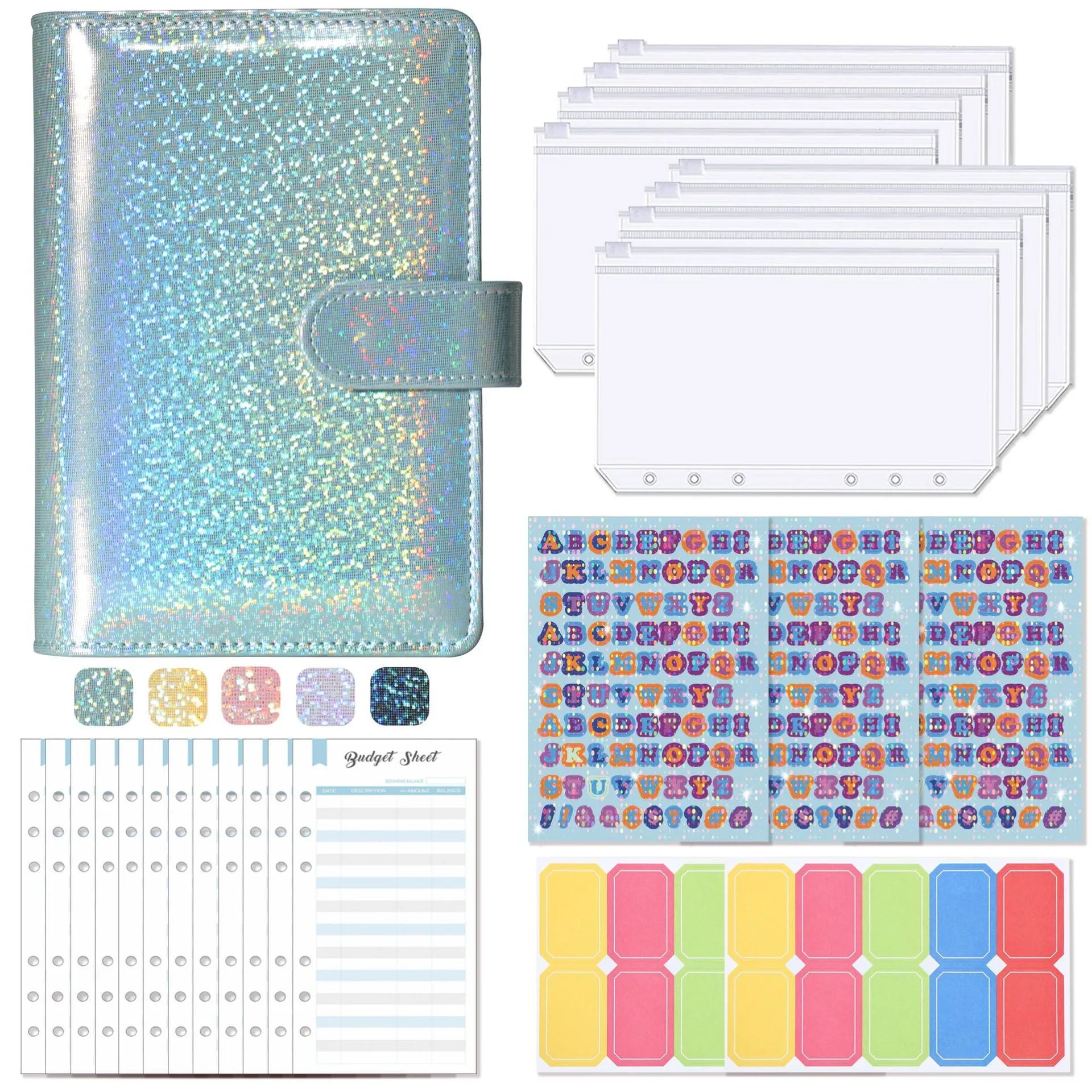 A6 clip notebook journal with imitation leather cover in Macaron style showing zipper bags and inserts