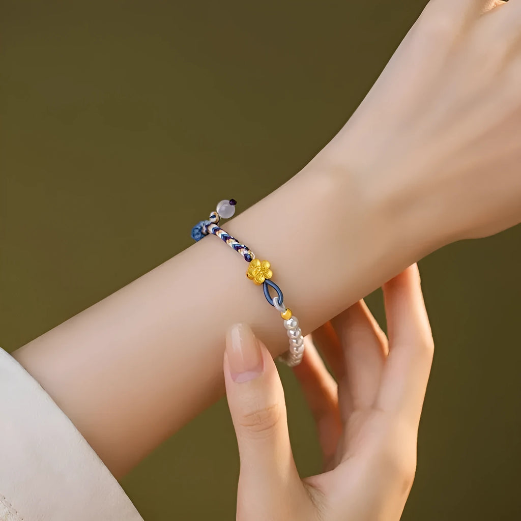 Peach-coloured Chinese flower weaving bracelet with sterling silver chalcedony clasp