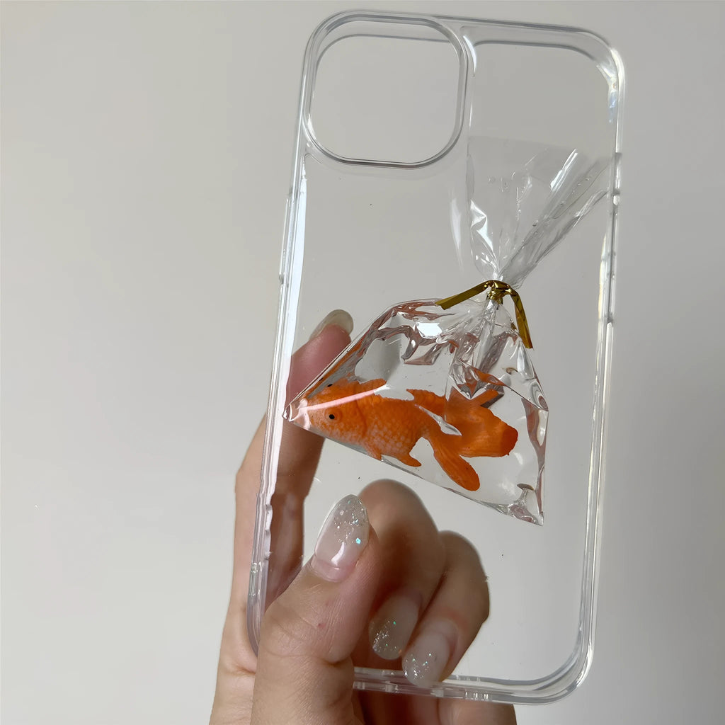Transparent phone case with three-dimensional fish water bag cartoon design for iPhone