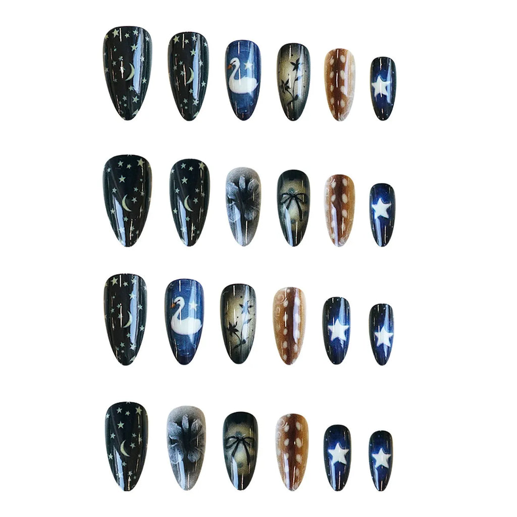 French-style false nail tips with Star Moon Swan design, cartoon flower bow and starry sky motifs, glue-on set for ladies