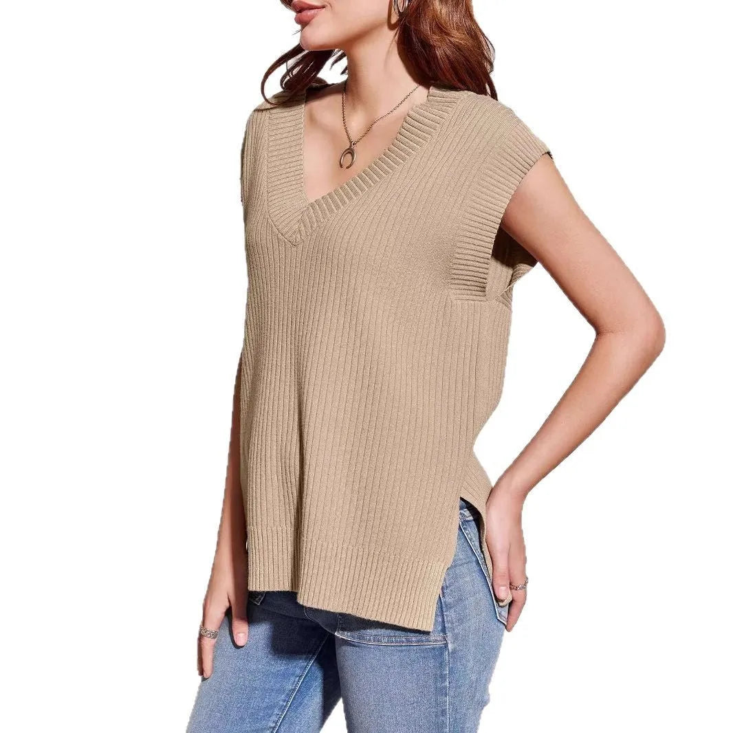 Camel coloured V-neck sleeveless loose pullover vest with folding elements