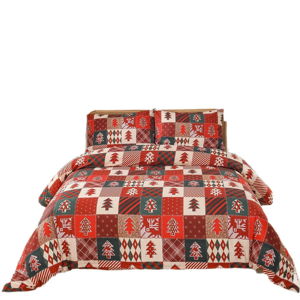 Christmas red plaid pattern three-piece bedding set with quilt cover and pillowcases