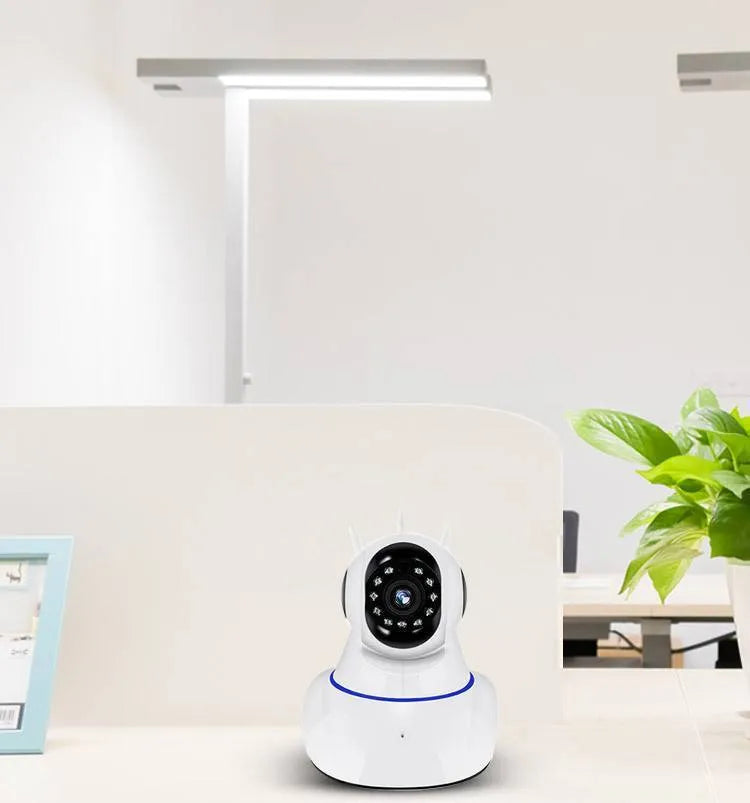White dome-style wireless security camera with 1MP HD resolution for indoor and outdoor monitoring.