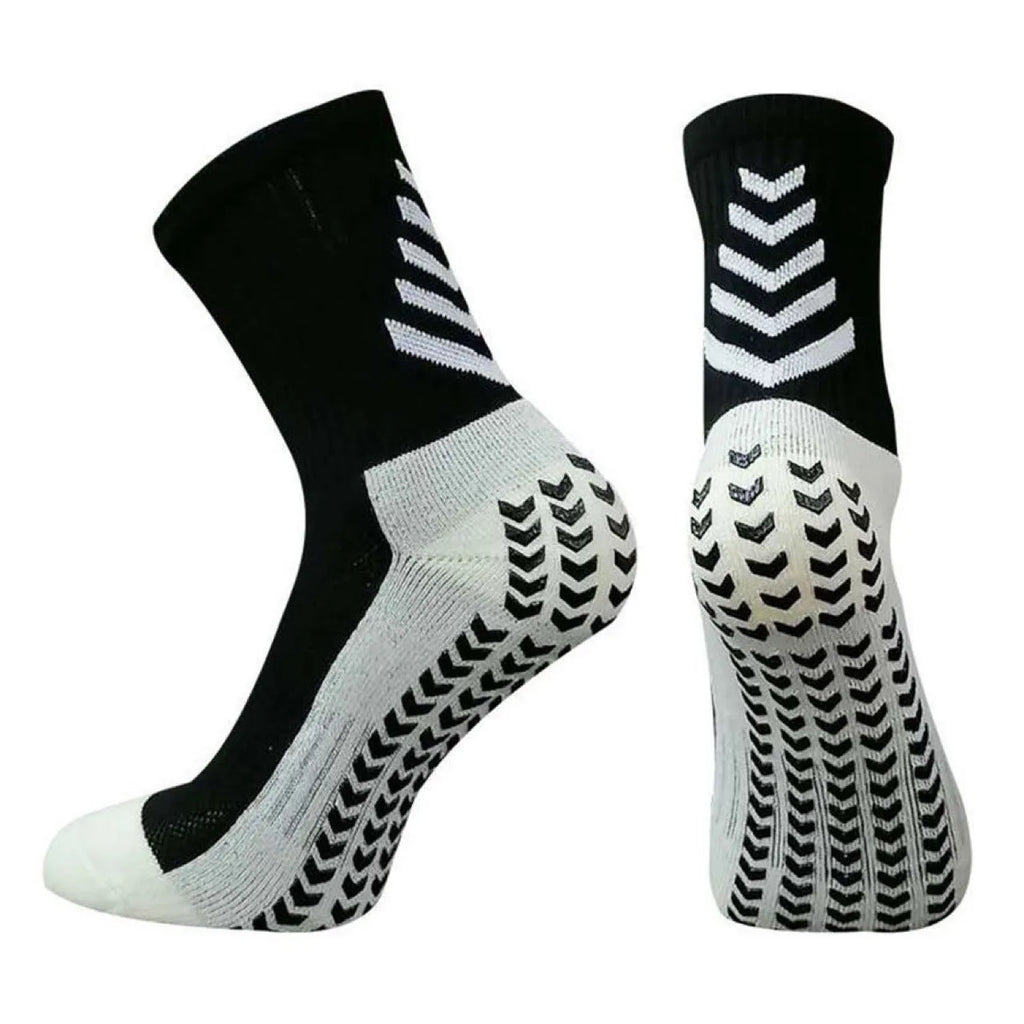 Men's mid-calf athletic socks with geometric patterns and non-slip silicone grips for football and running