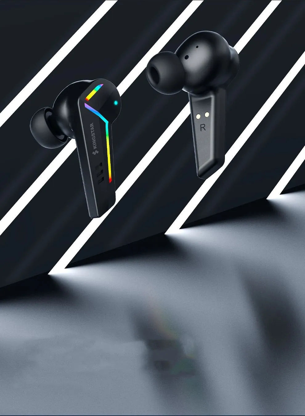 Black TWS Bluetooth sport headset with low latency for gaming and wireless calls.