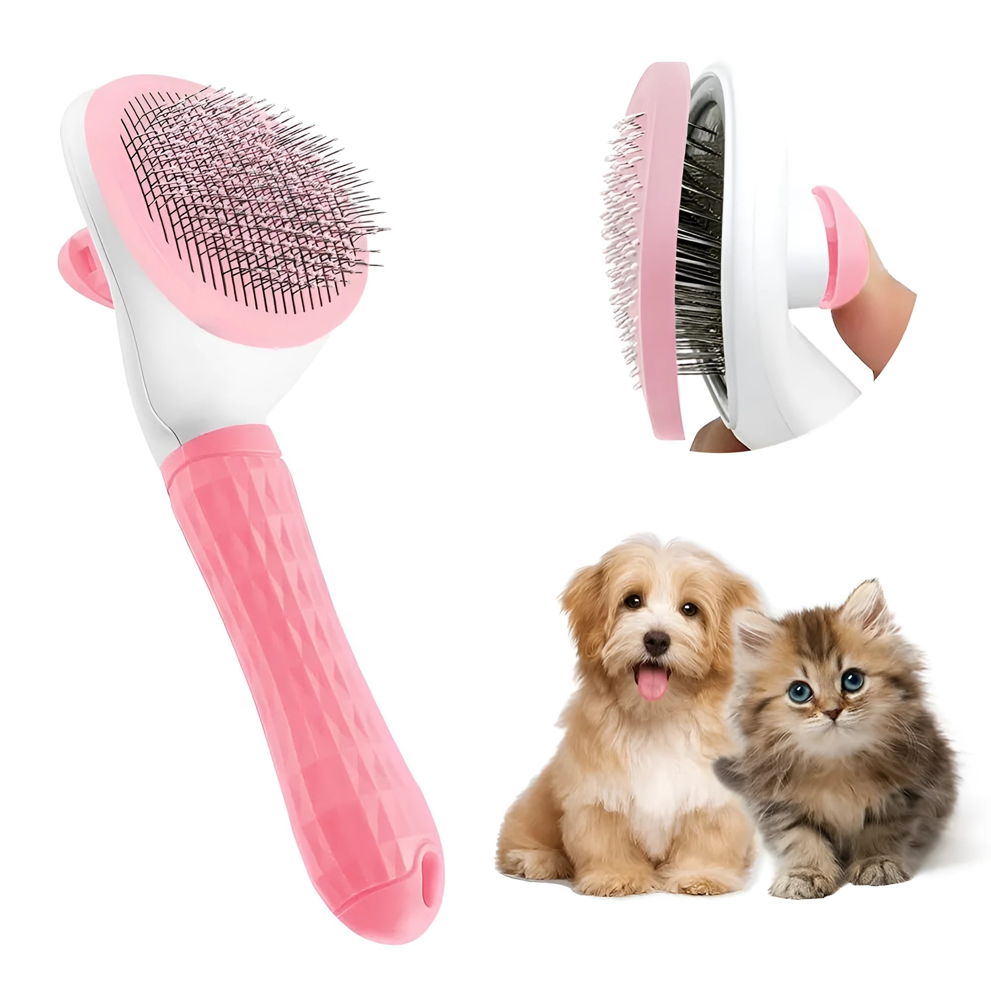 Blue cat grooming brush with a release button and fine wire bristles for removing loose fur.