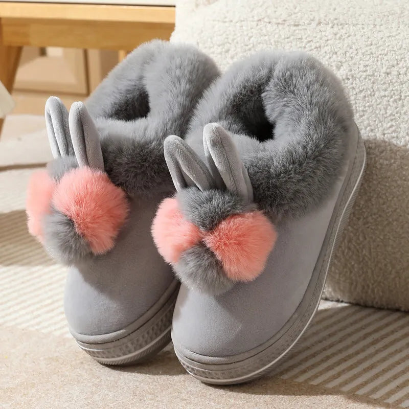 Winter high heel thick-soled slippers in grey with plush upper and TPR non-slip sole