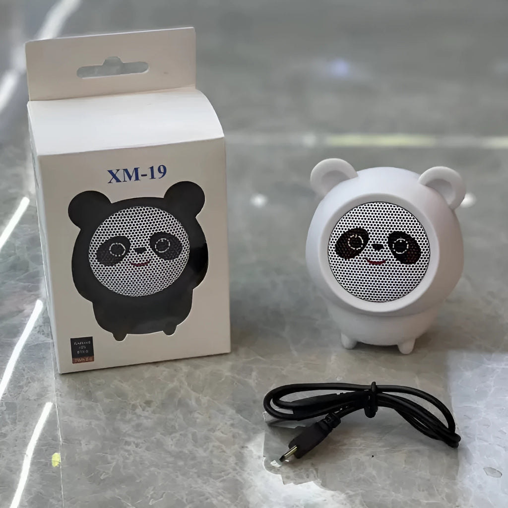 Cartoon panda desktop Bluetooth speaker in plastic, shown in one of five colours: white, pink, blue, black or brown.