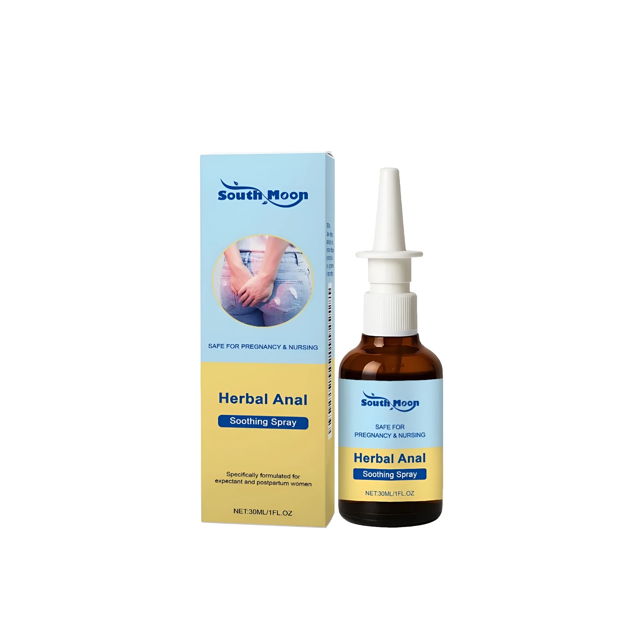 30ml bottle of female perianal soothing spray with spray nozzle.