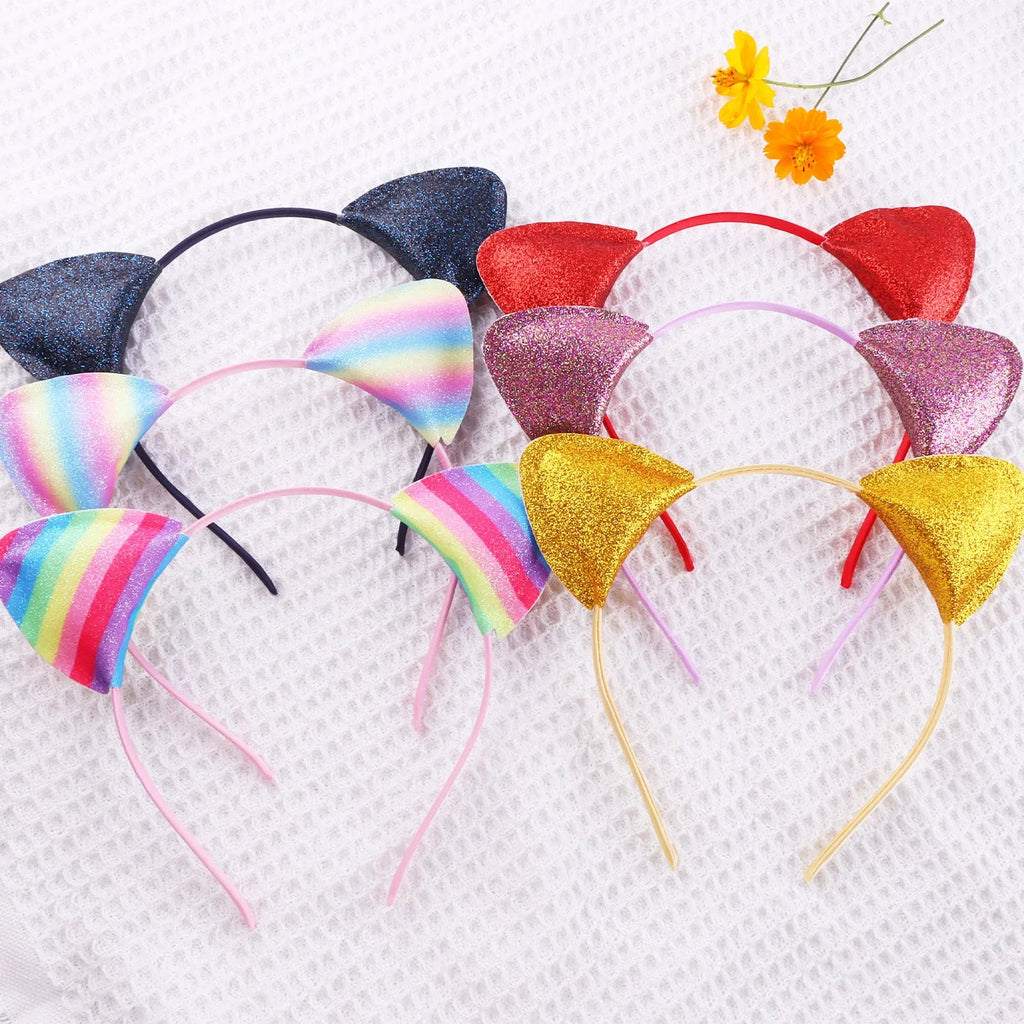 Cat ear headband hair pin for women in cloth with gradient stripe rainbow and leopard print colour options