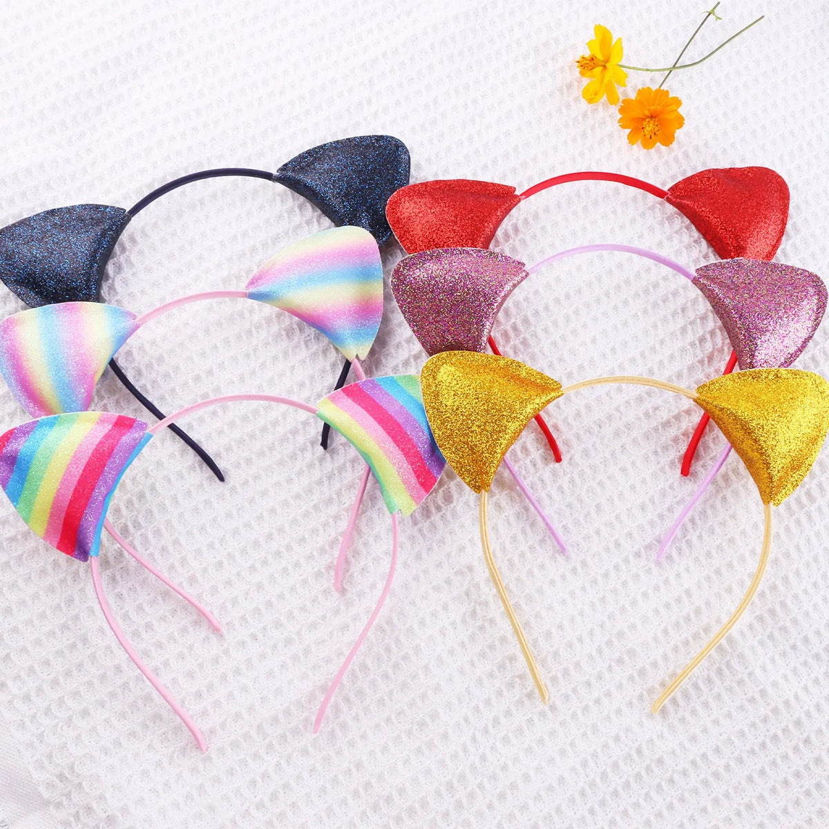 Cat ear headband hair pin for women in cloth with gradient stripe rainbow and leopard print colour options