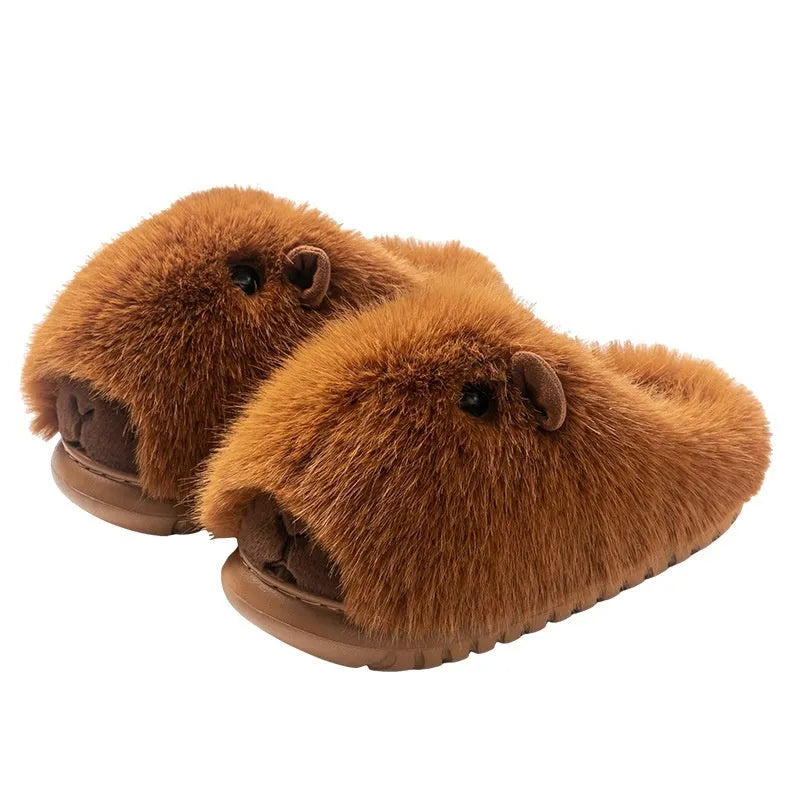 Warm cartoon plush slippers for women in dark brown with shearling inner and EVA sole, flat closed-toe design