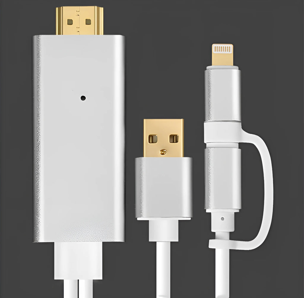 2 in 1 plug-and-play cable with HDMI type adapter, 2 metres, silver colour