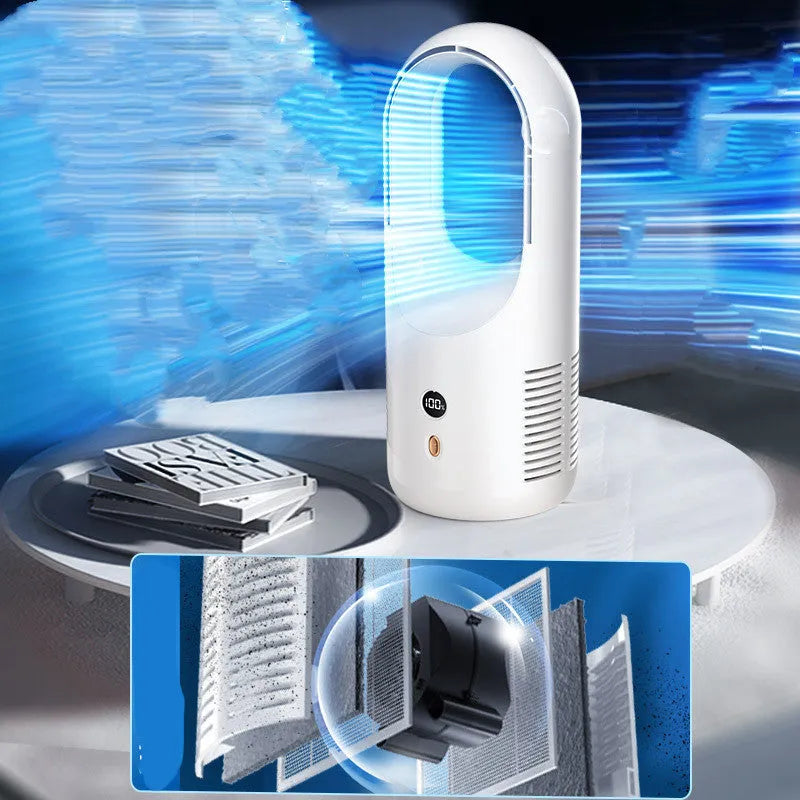 Electric bladeless fan cooler with LED display and Type-C charging port on a desk