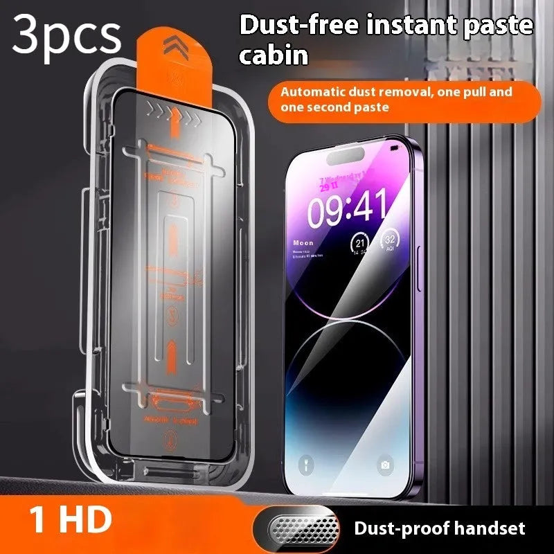 Tempered glass screen protector for iPhone with anti-peep privacy feature, ultra clear option, and dust-free bin