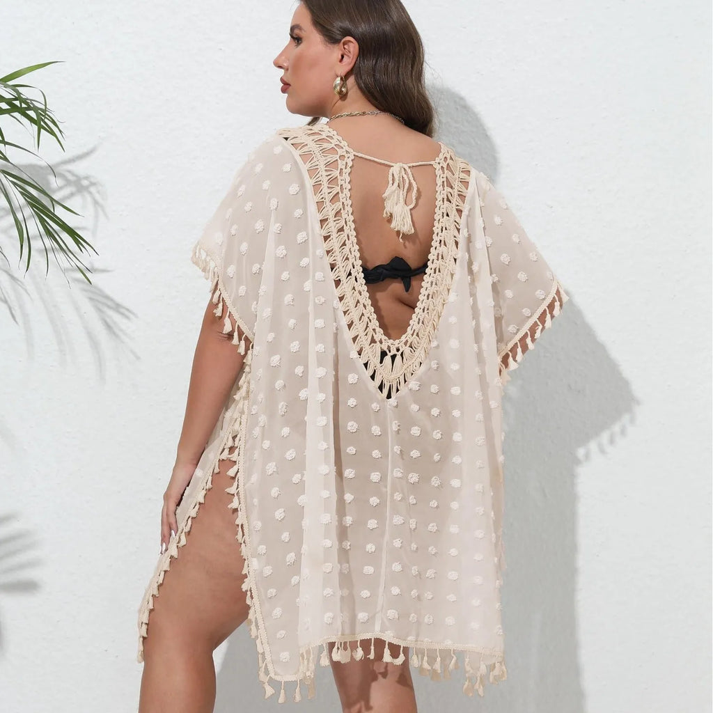 Solid colour chiffon V-neck beach dress with tassel patchwork front view