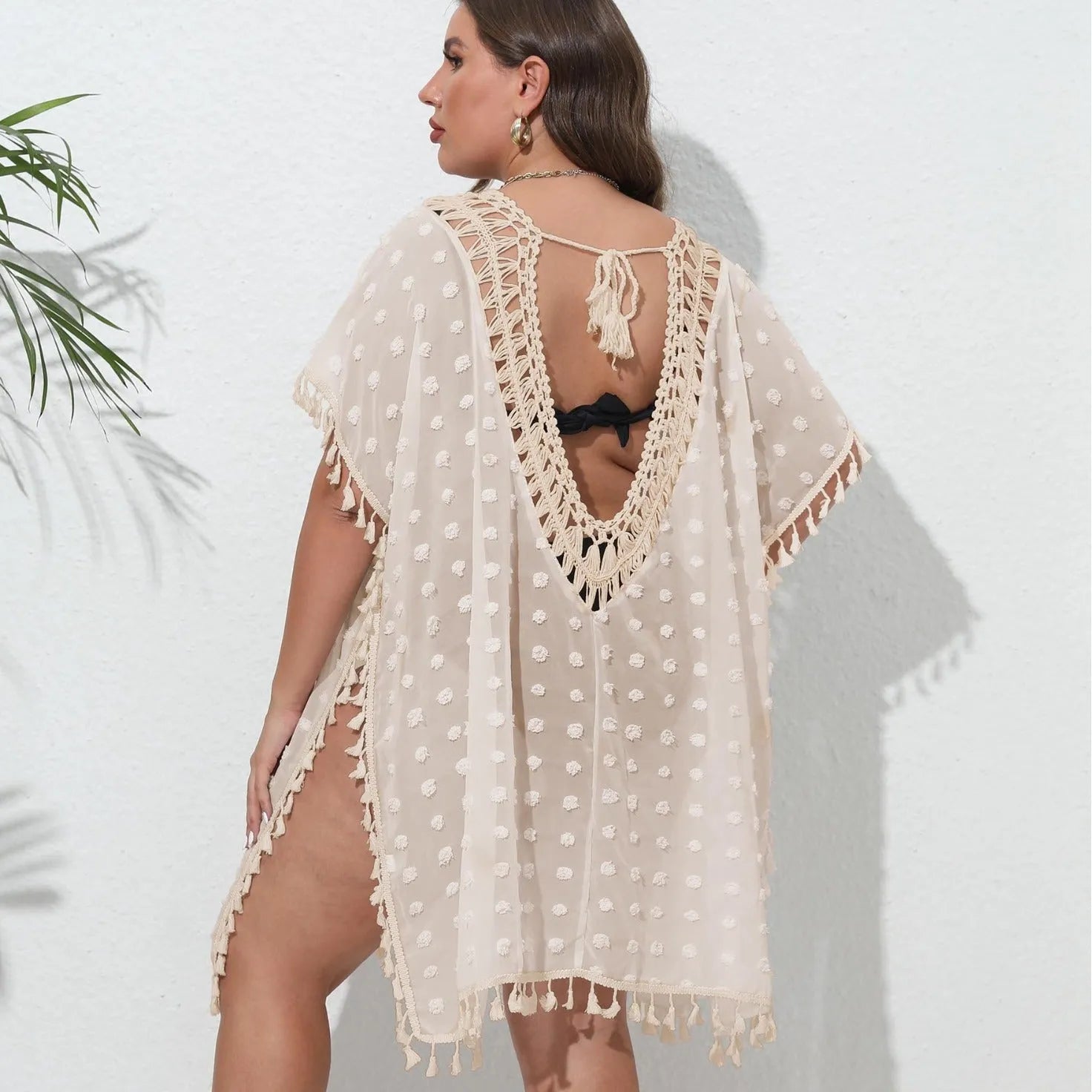Solid colour chiffon V-neck beach dress with tassel patchwork front view