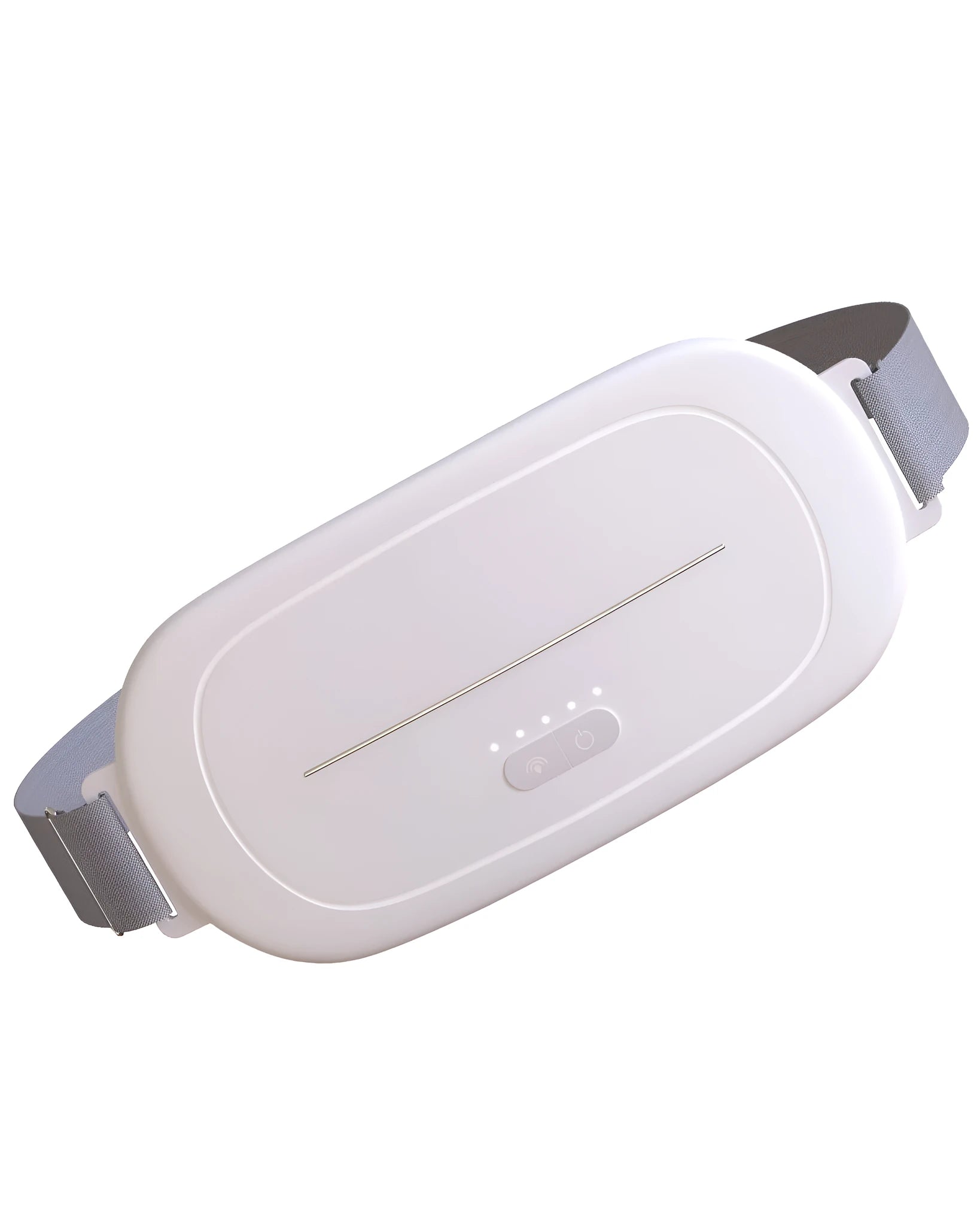 White cordless uterine warming device for menstrual pain relief on a grey background.