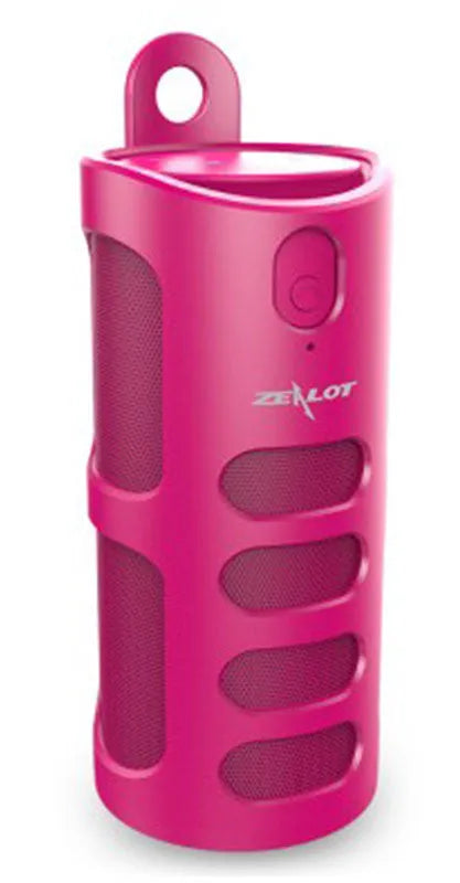 Portable wireless Bluetooth speaker in black, blue, or red, showing compact columnar design.