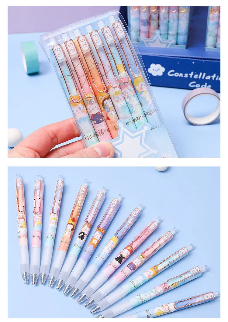 Set of six press gel pens with 0.5mm tips featuring cartoon constellation designs in two style options.