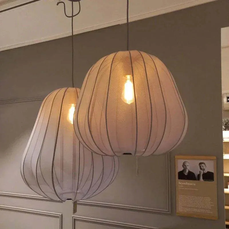 Japanese style pumpkin ceiling lamp with iron construction and branch-type fitting in white or grey blue