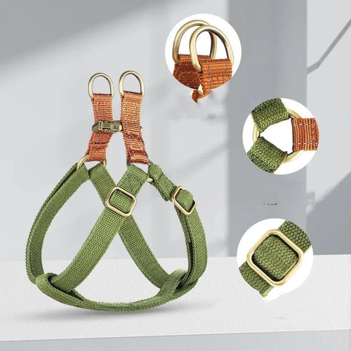 Brown vest-style dog leash harness made from cotton and nylon with metal clasp