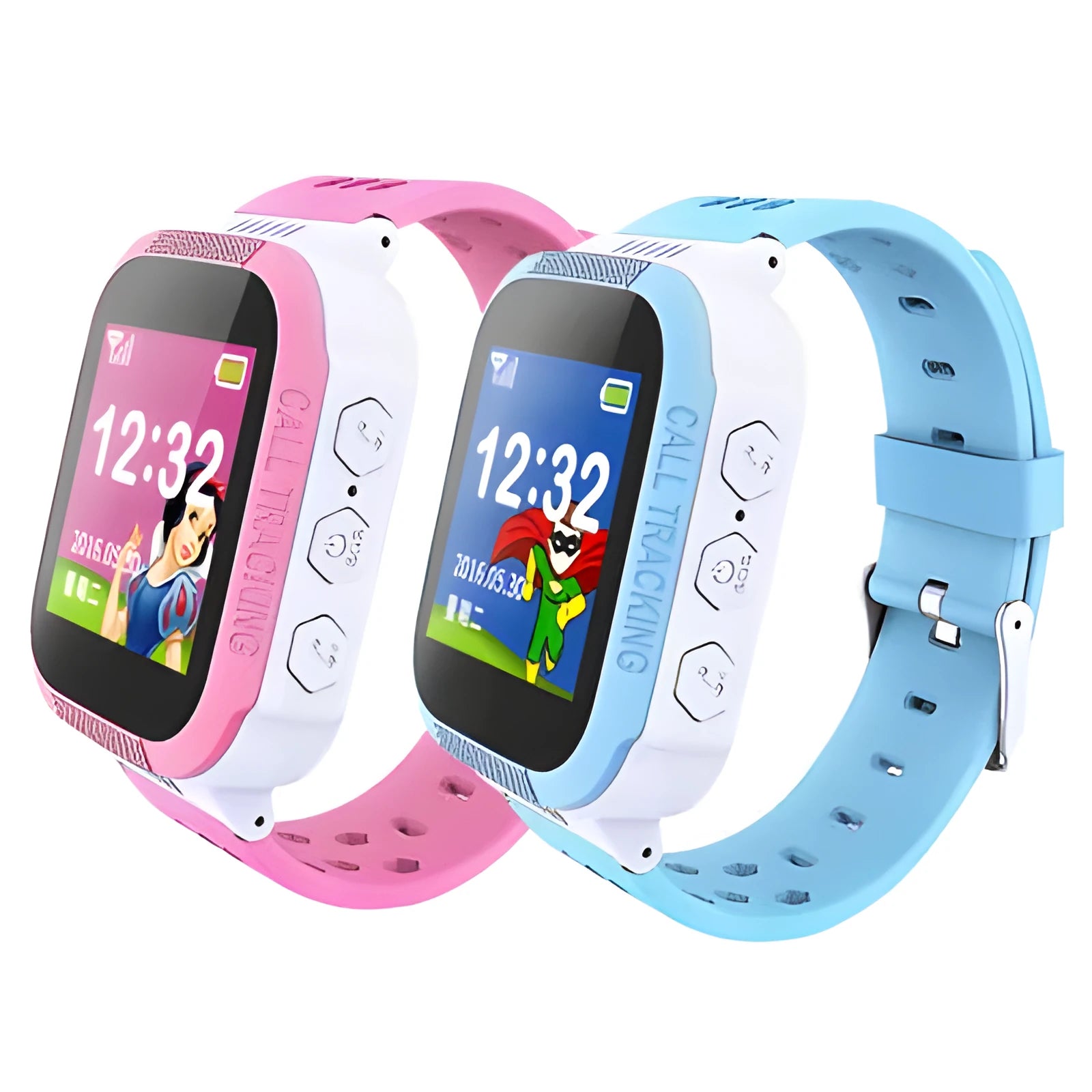 Blue and pink children's phone watch with 1.44-inch IPS screen showing interface