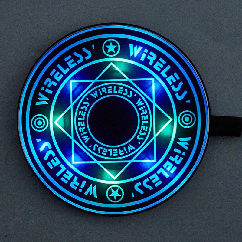 Magic array wireless charger in black with light indicator on desk showing 10W fast charge