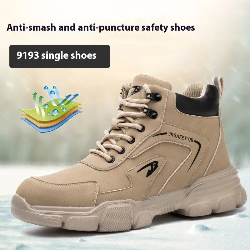 Lightweight brown leather safety work shoes with anti-smash and puncture-resistant sole.