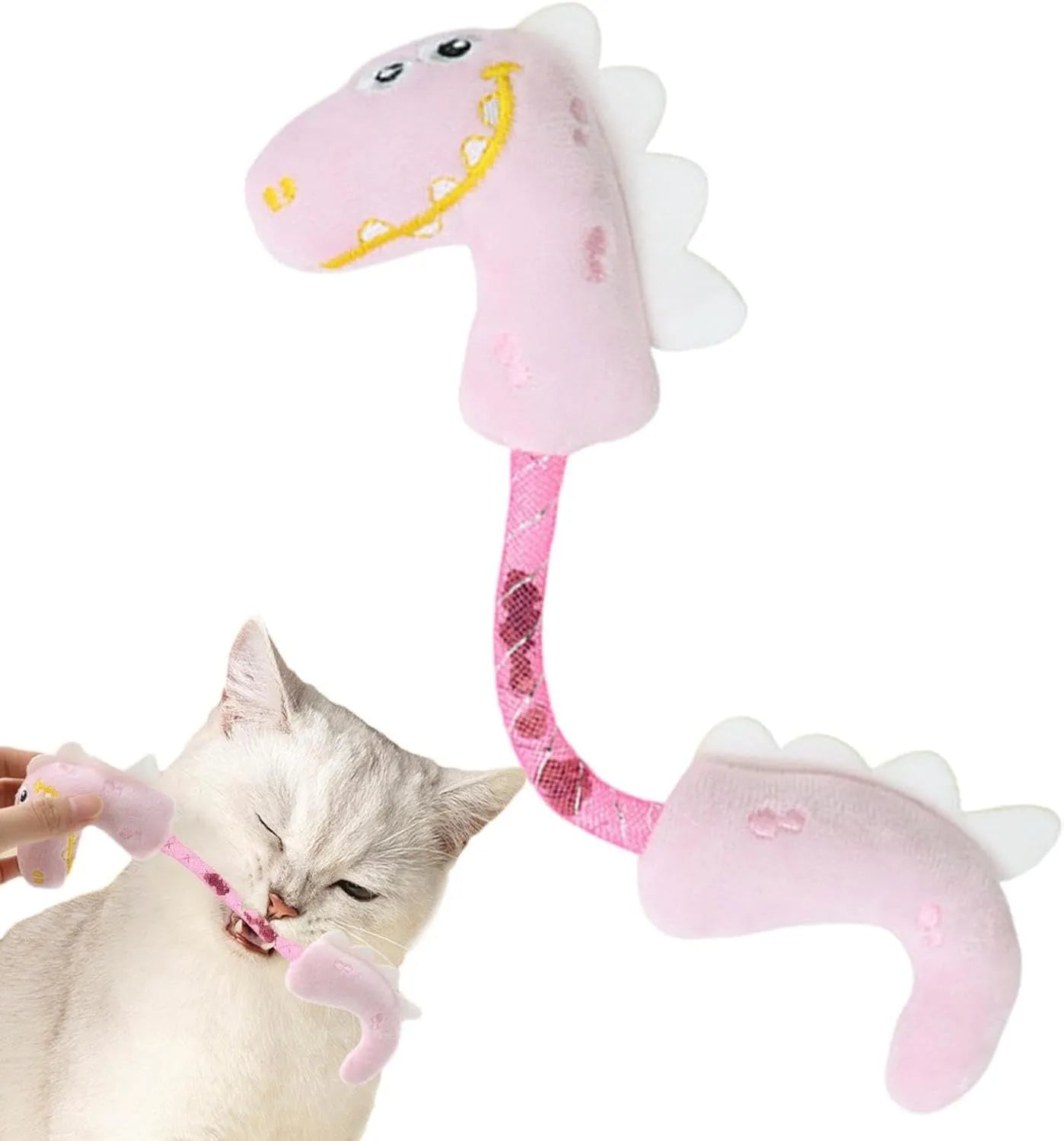 Set of four cat toys including rope toy, kicker toys, plush chew toys and cat springs in pink, purple and yellow