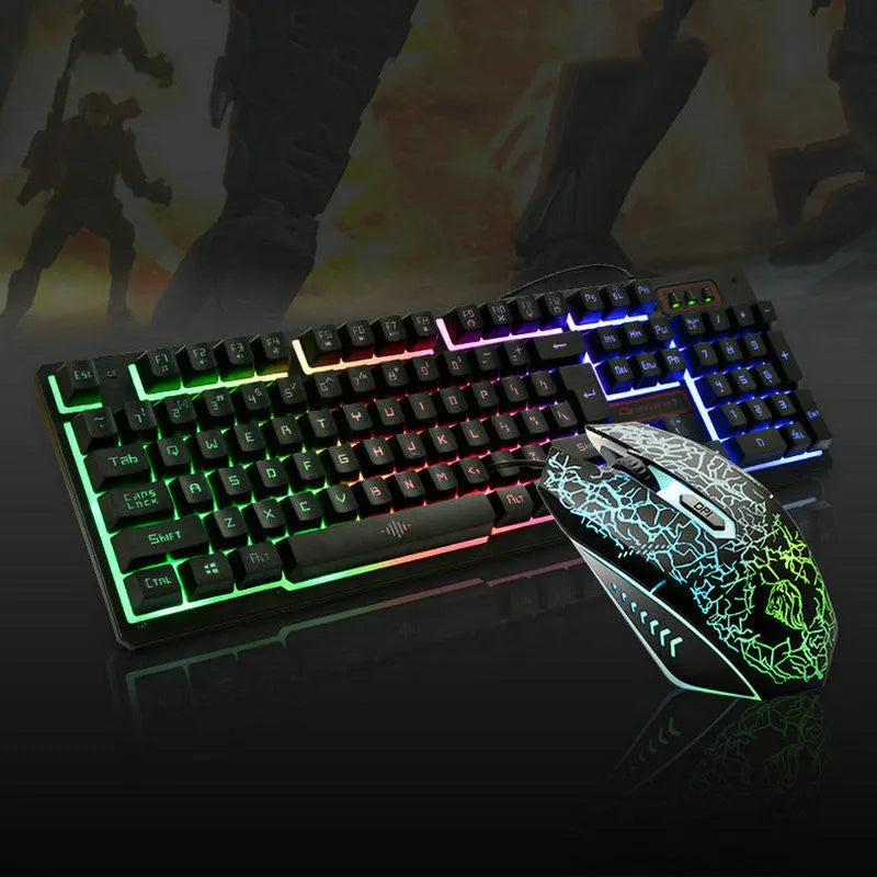 K13 wired gaming keyboard and mouse set with USB cables and black finish on desk