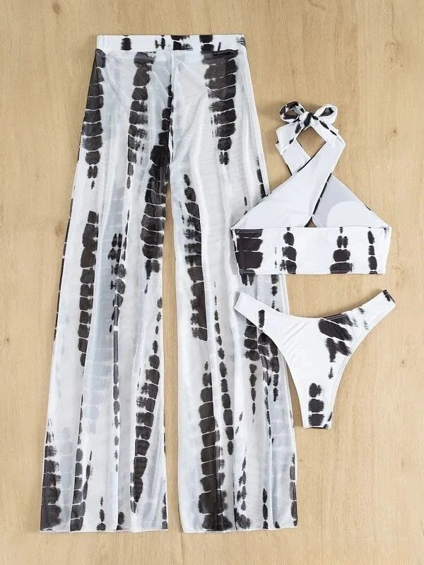 Women's three-piece swimsuit set with mesh trousers in black printing European style