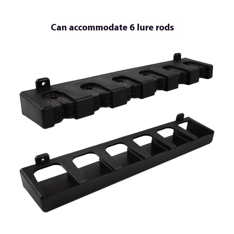 Black ABS plastic wall-mounted fishing rod holder with upright and horizontal storage options