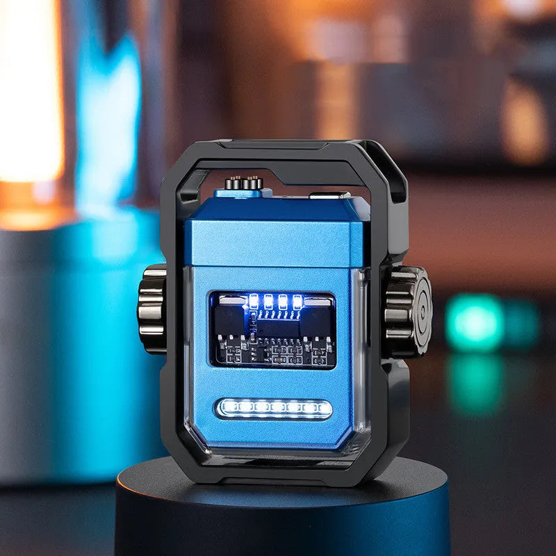 Blue Pulse double arc windproof electric lighter with a visible mechanical gyroscope and a Type-C charging port.