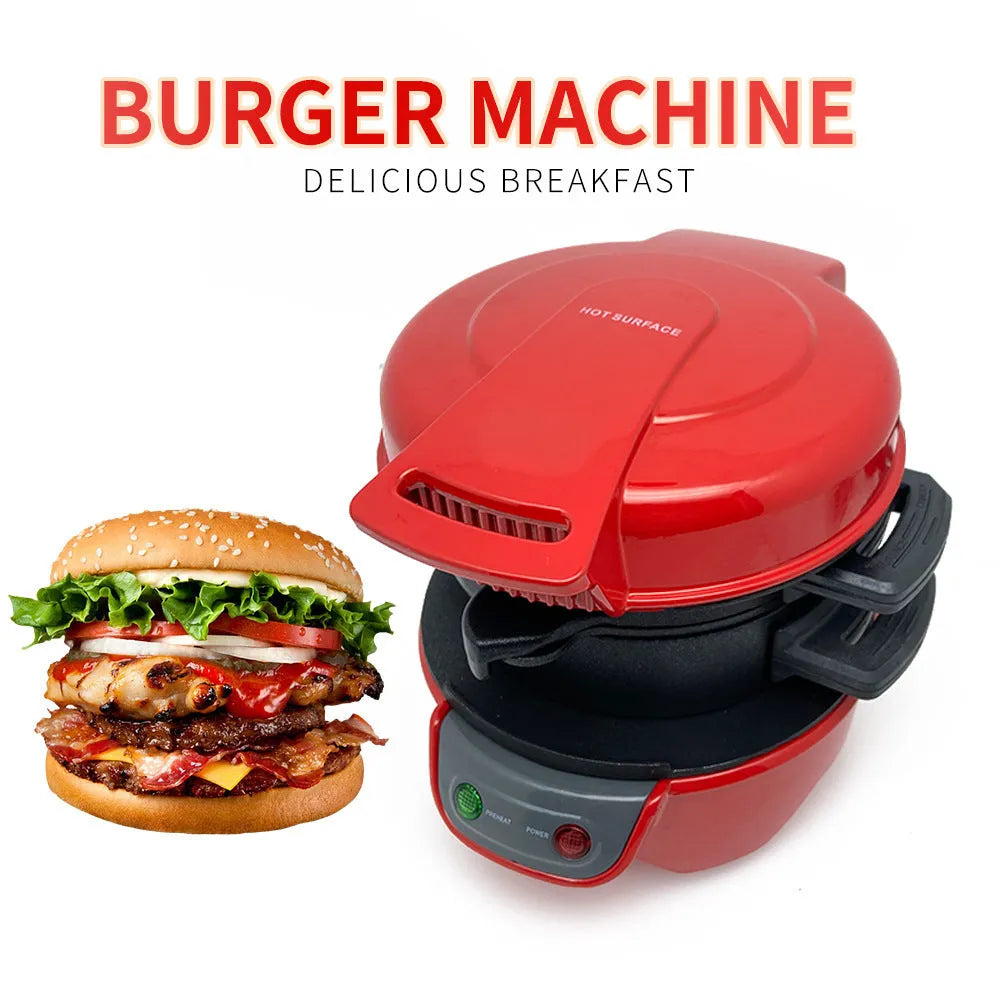 Bright red breakfast machine with sandwich maker and egg cooker ring on kitchen counter